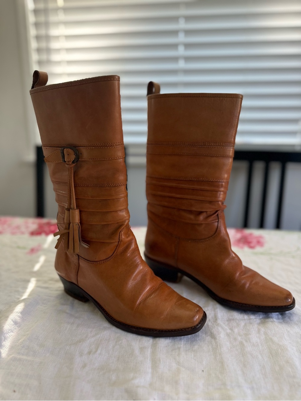 Nine West Tan Leather Mid-Calf Tasseled Buckle Riding Square Toe Boots 7B